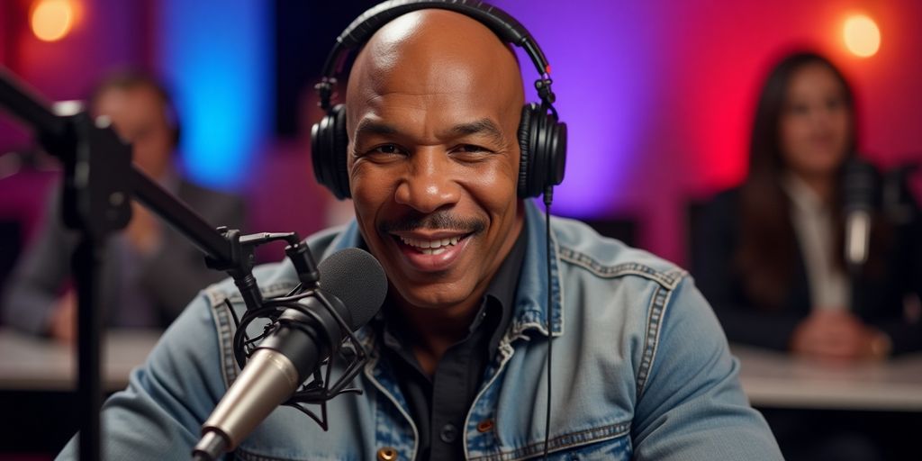 Mike Tyson in a podcast studio with guests.