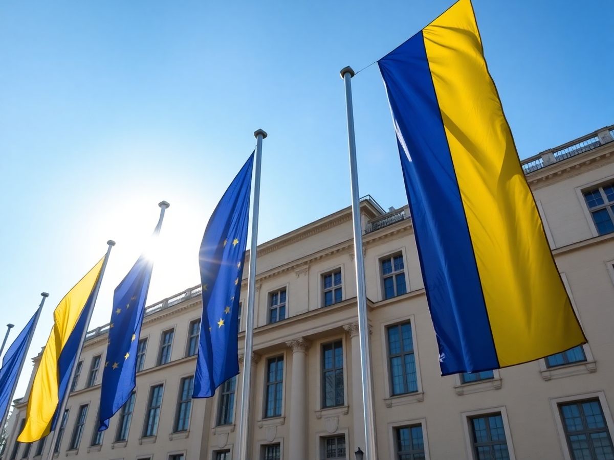 Clădire neagră cu steaguri europene în față.