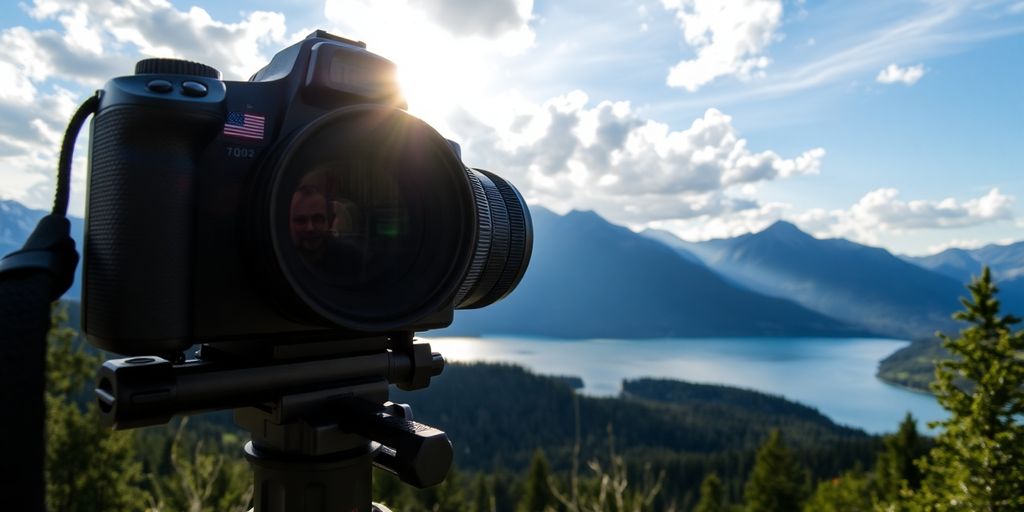 Camera lens capturing a vibrant landscape.