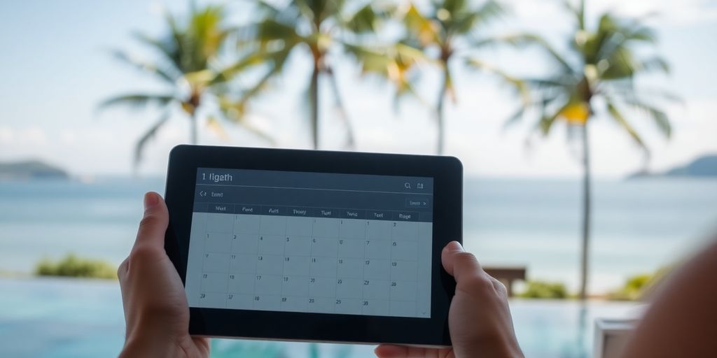 Woman scheduling appointment on tablet with island background.