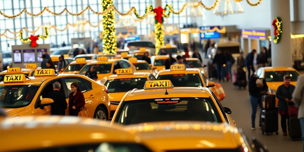 Taxis at DFW airport with holiday decorations and travelers.