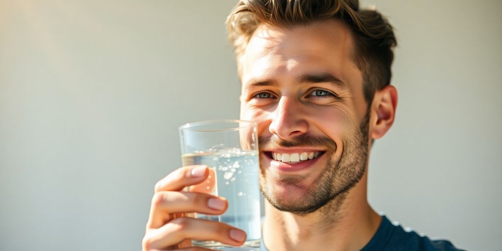 Man drinking water, feeling energized.