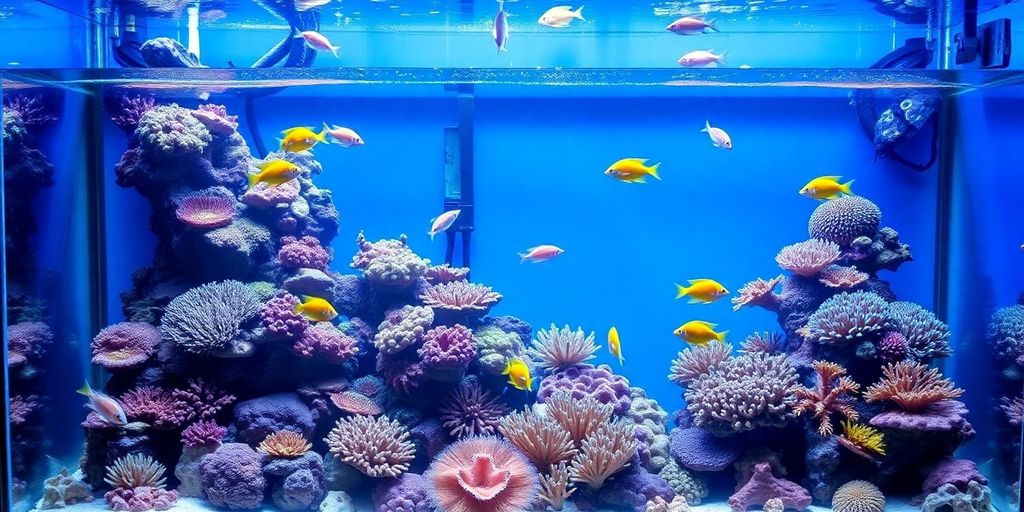 Colorful saltwater fish tank with coral and fish.