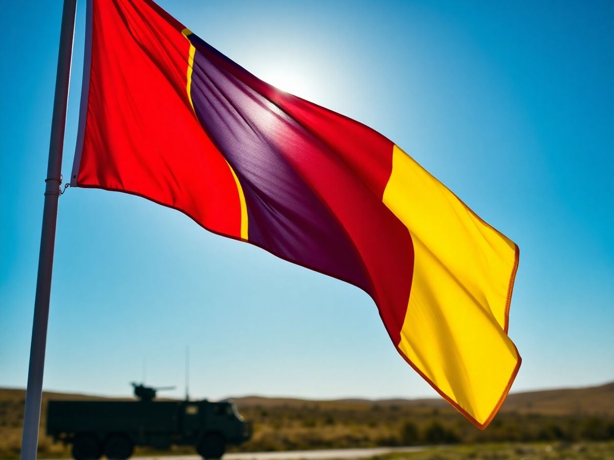 Un steag românesc în fața unui cer senin.