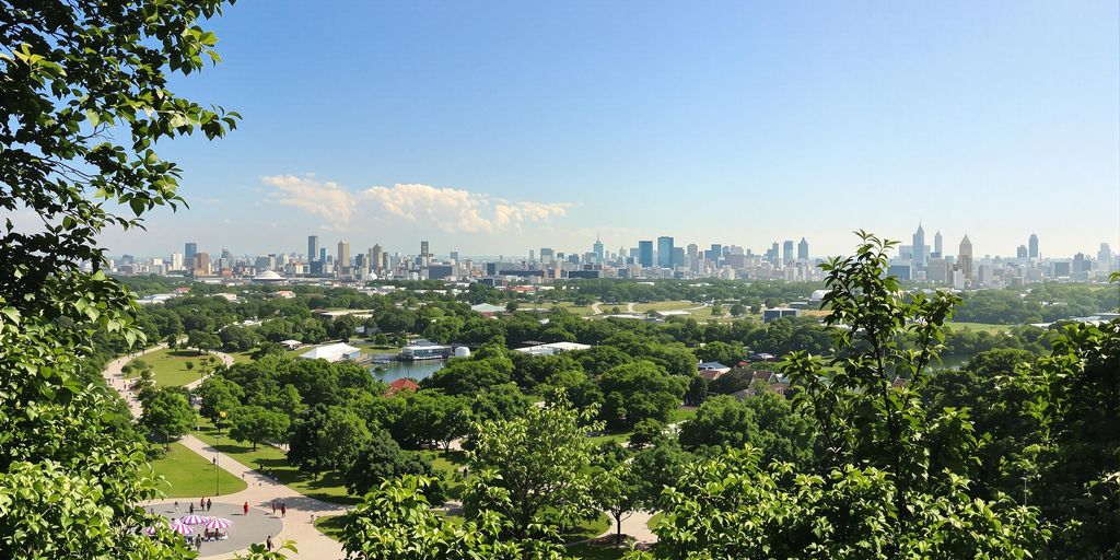 Lumpini Park with greenery and city skyline in background.
