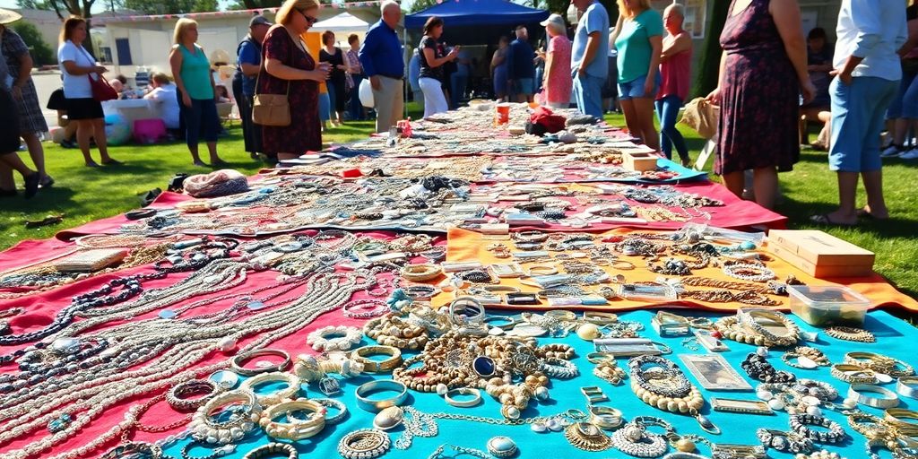 Yard sale with colorful jewelry displayed on blankets.