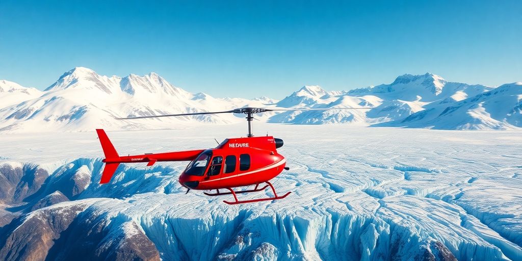 A red helicopter flying over a vast Alaskan glacier.