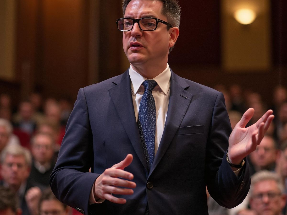 Person presenting in a formal setting, addressing an audience.