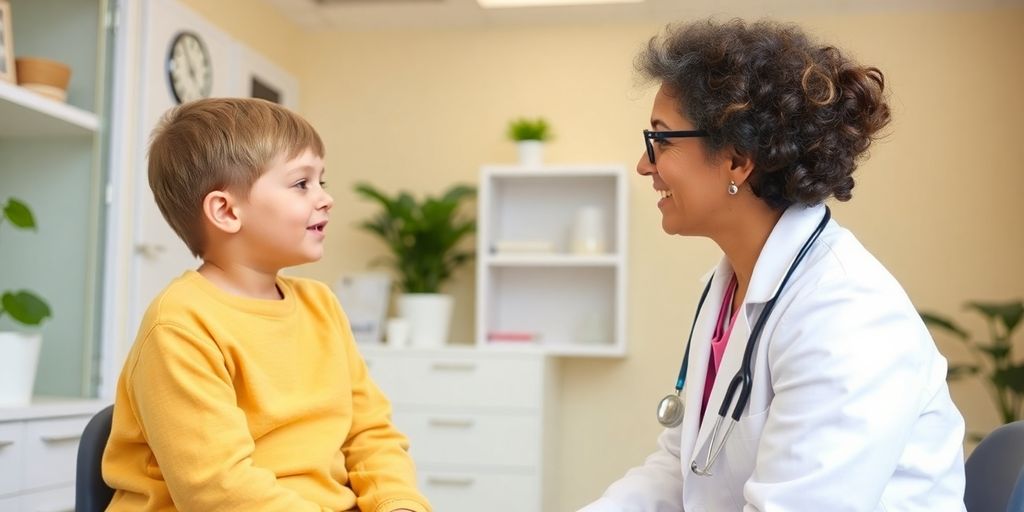 Dysphonie bei Kindern: Arzt und Kind in einer hellen Arztpraxis.
