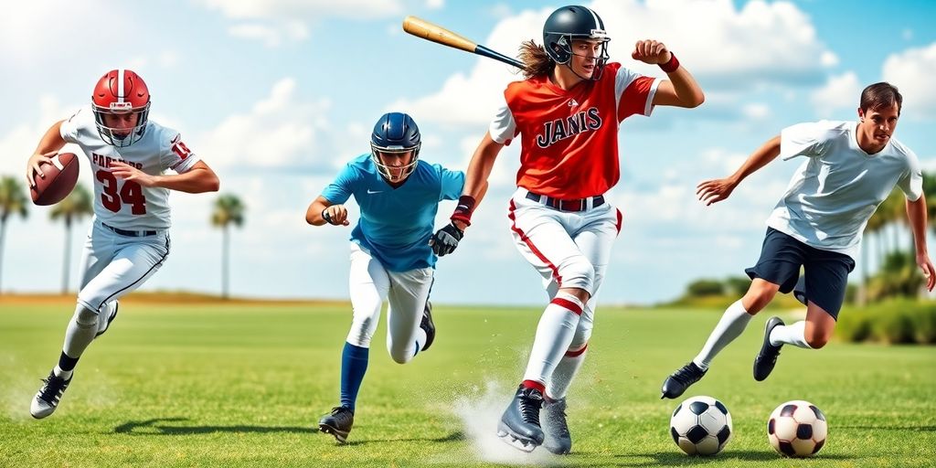 Football, basketball, baseball, hockey, soccer players.