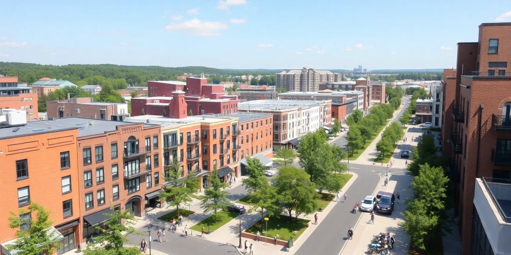 Colorful cityscape with walkable streets and green spaces.