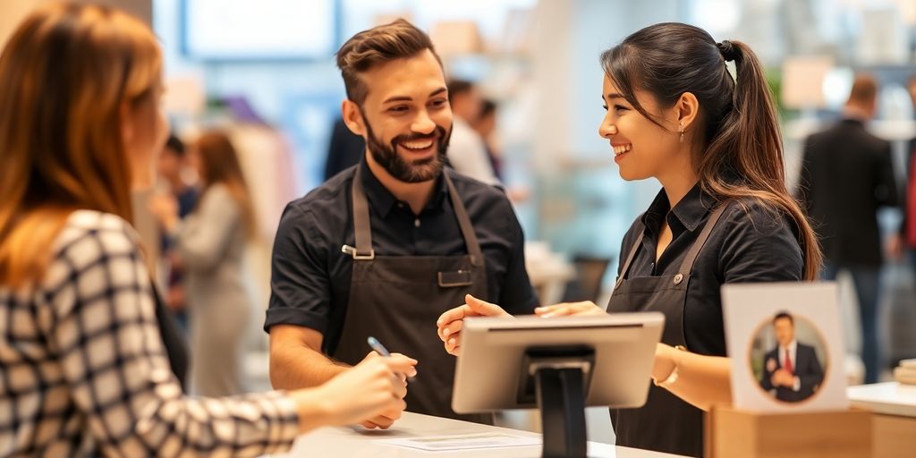 Business owner uses point-of-sale system for customer management.