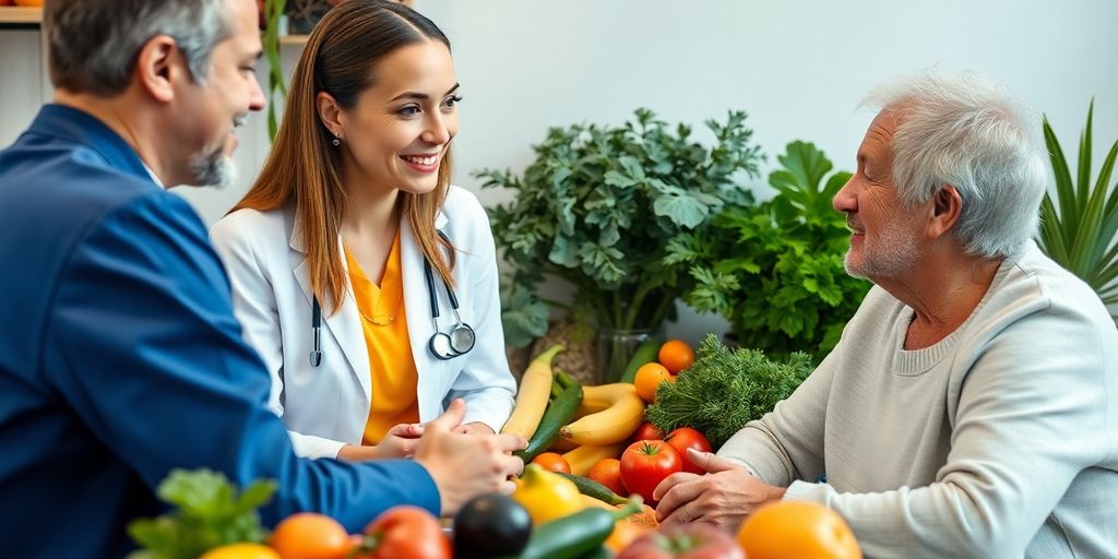 Nutrólogo conversando com paciente sobre saúde e nutrição.