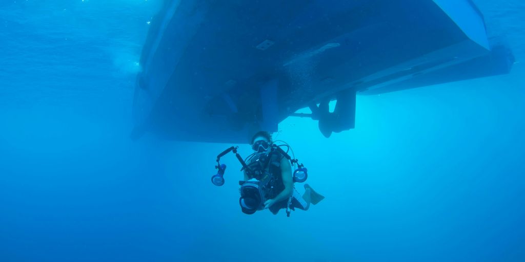 underwater photography of person holding camera