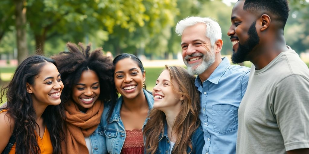 People talking and laughing together outdoors.