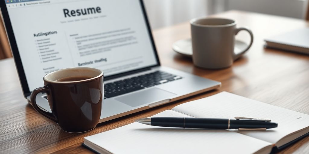 Laptop, resume, coffee, pen.