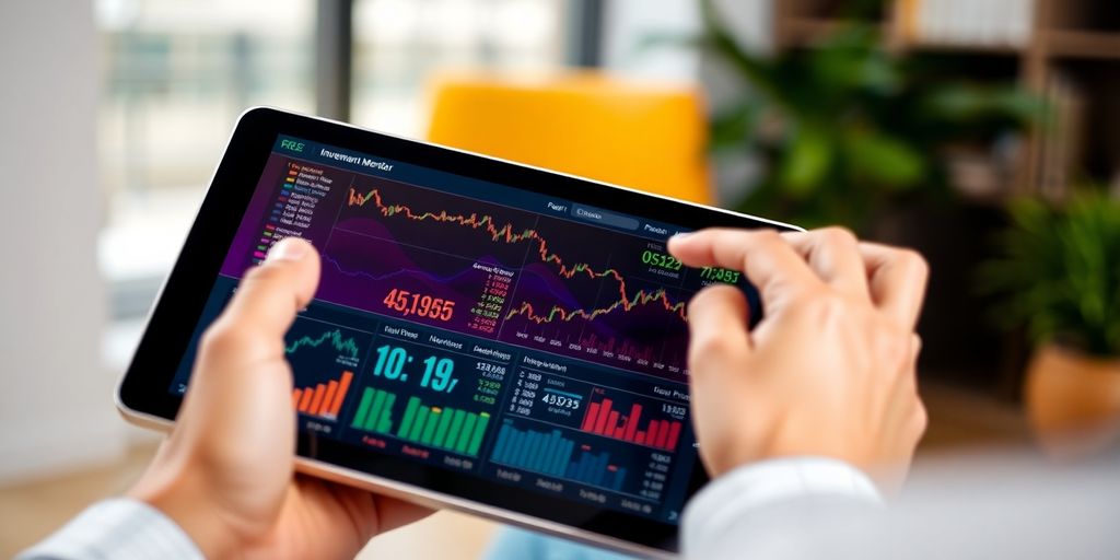 Person observing a tablet, financial data