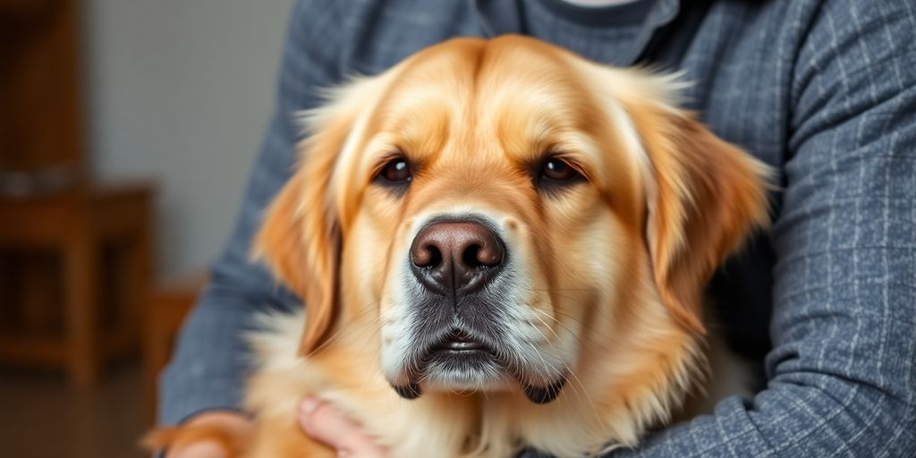 Golden retriever looking stressed with a 'quiet' sign.