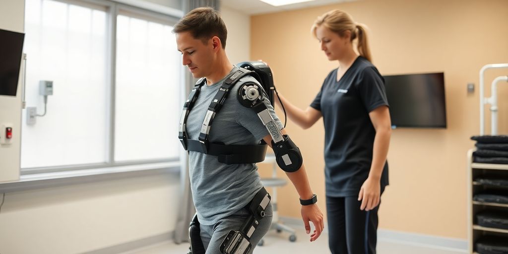 Robotic exoskeleton aiding patient in rehabilitation therapy.