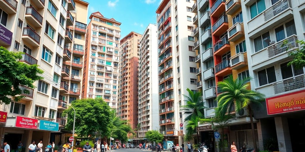 Bangkok urban scene with diverse apartment buildings.