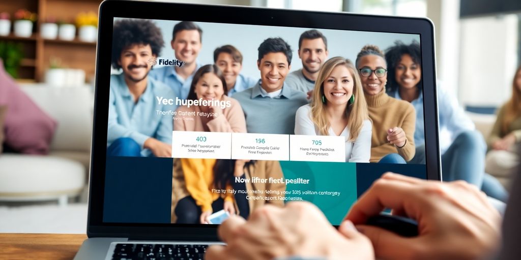 Laptop with Fidelity NetBenefits, happy diverse people