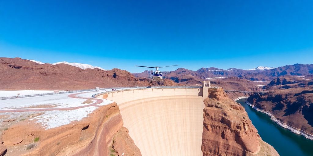 A helicopter soars over the Hoover Dam and snowy mountains.