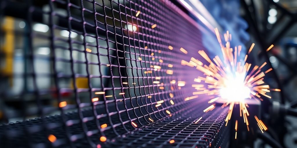 Close-up of mesh welding equipment in automotive industry.