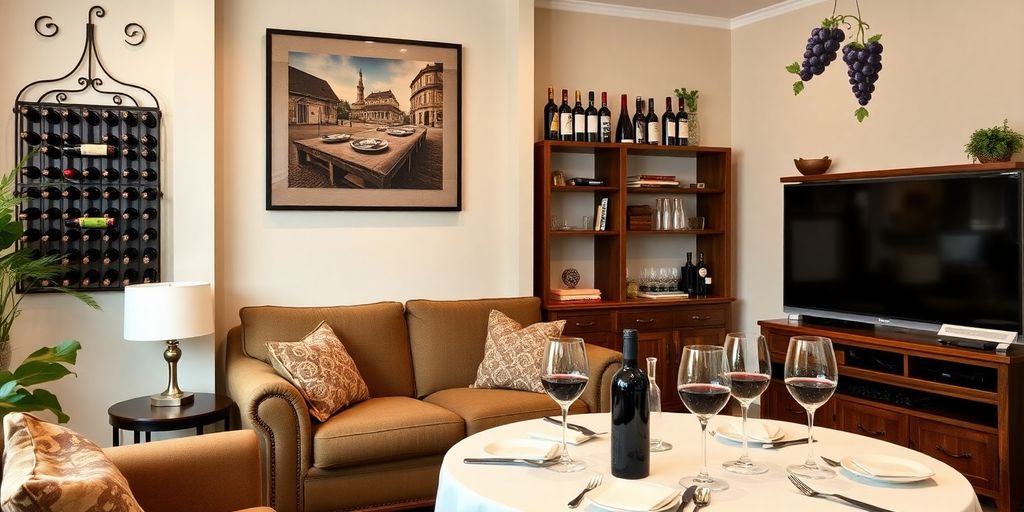 Cozy living room with wine-themed decor and accessories.