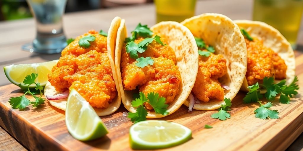 Delicious fish tacos with limes and cilantro.