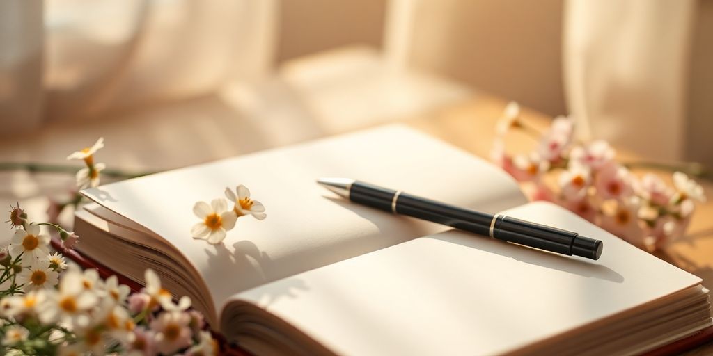 Open journal, pen, flowers, sunlight, soft focus.