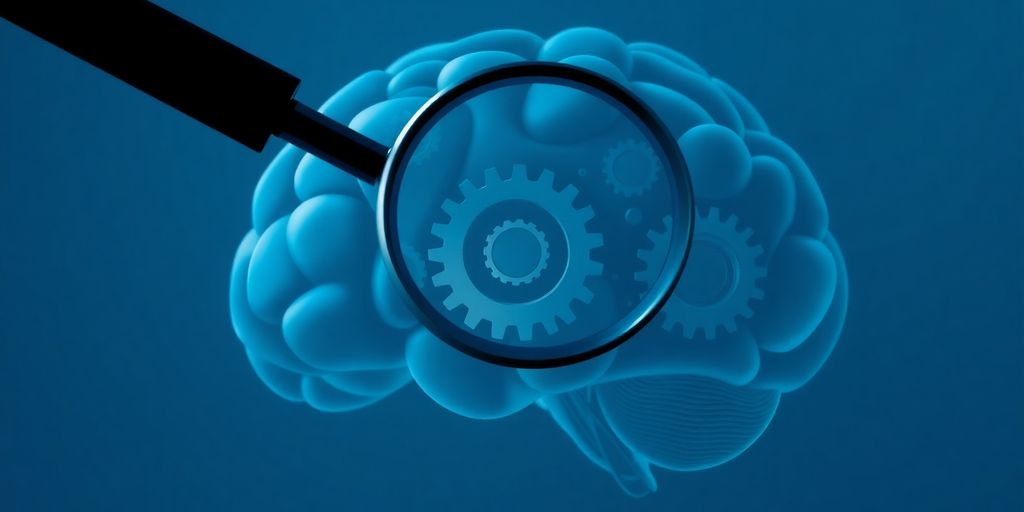 AI brain with gears, magnifying glass