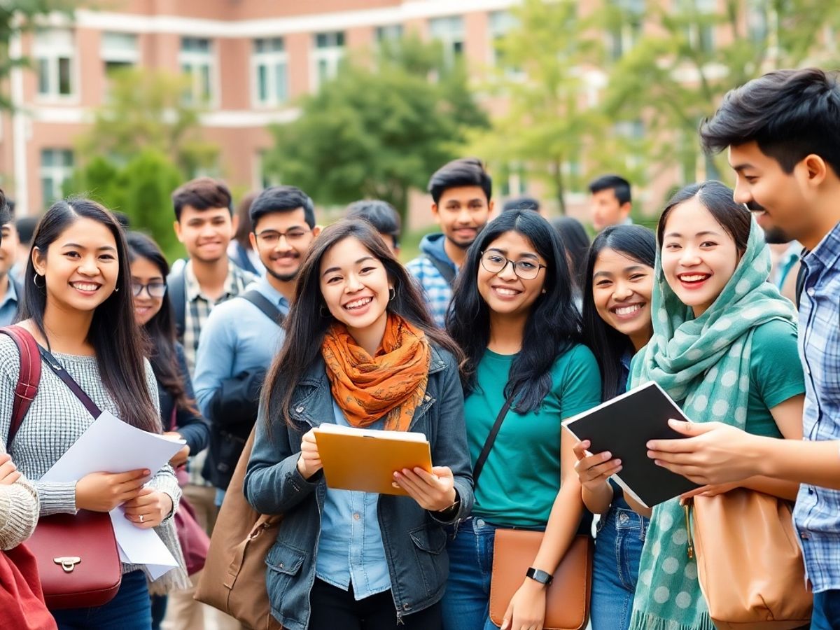 Diverse international students collaborating on a university campus.
