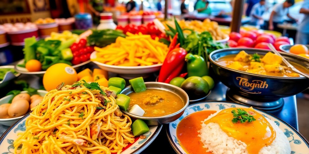 Traditional Thai dishes on colorful plates with fresh ingredients.