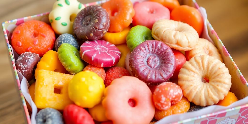 กล่องขนมที่มีขนมหลากหลายสีสันน่ากิน