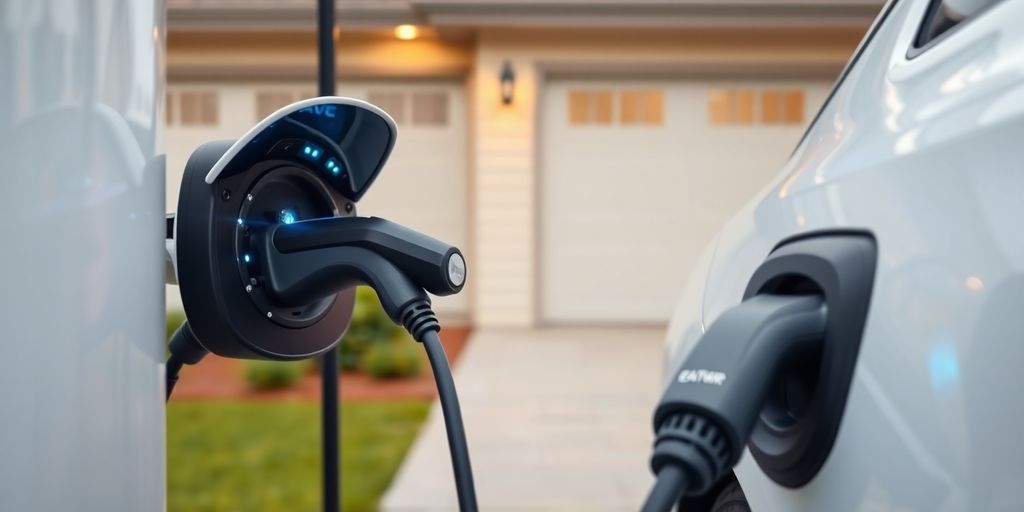 Electric car charging at a residential home.