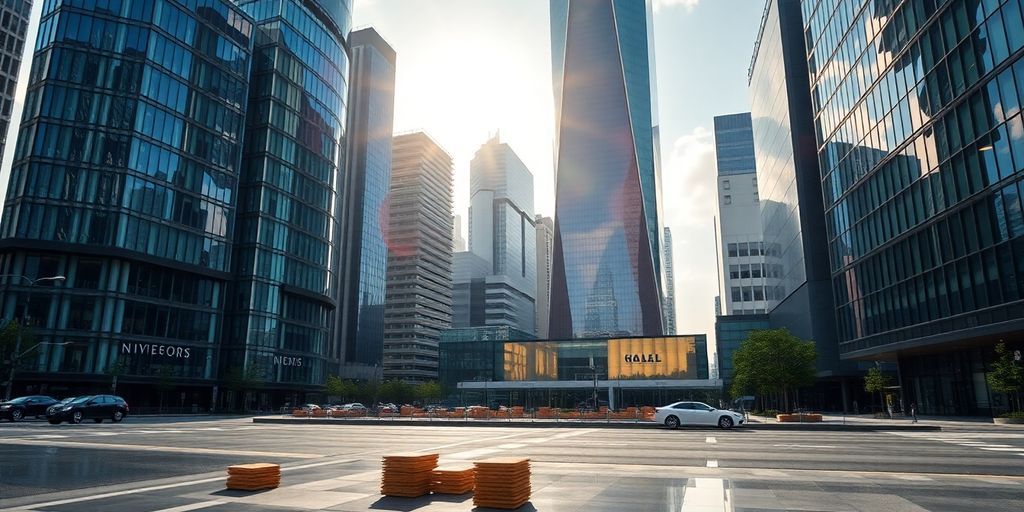 Financial cityscape with diverse investments.