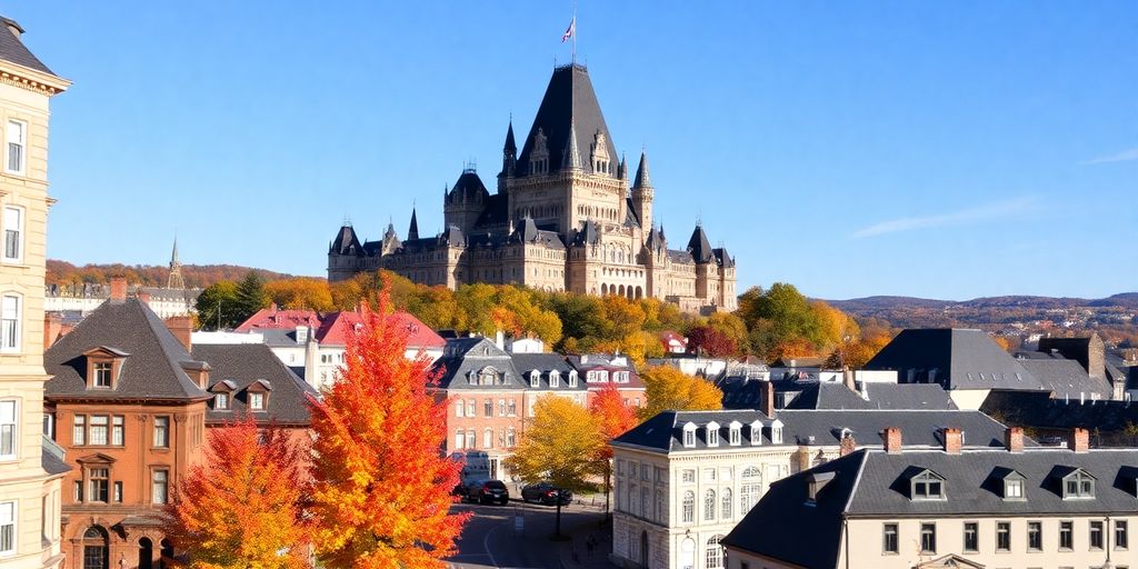 Quebec City skyline with historic buildings and colorful trees.