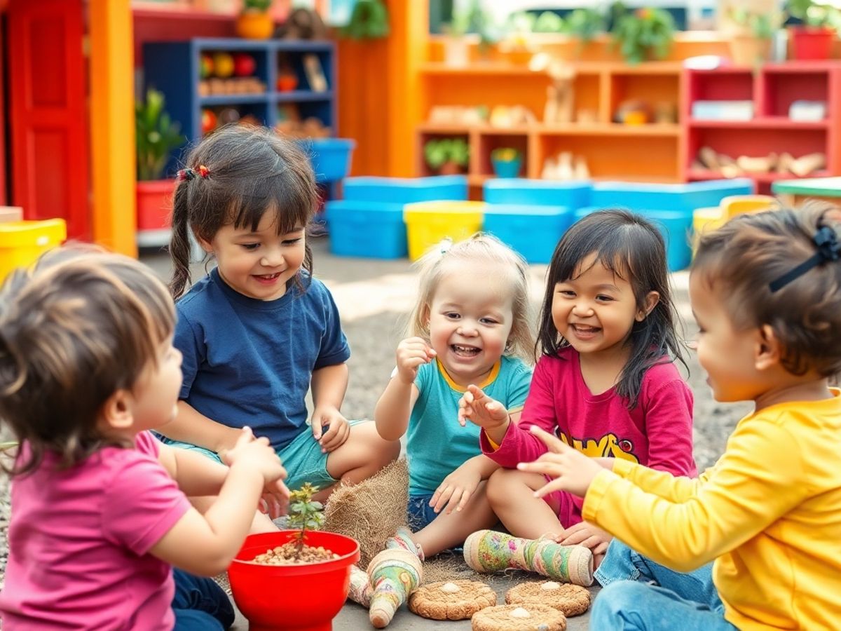 Copii jucându-se și învățând în natură.