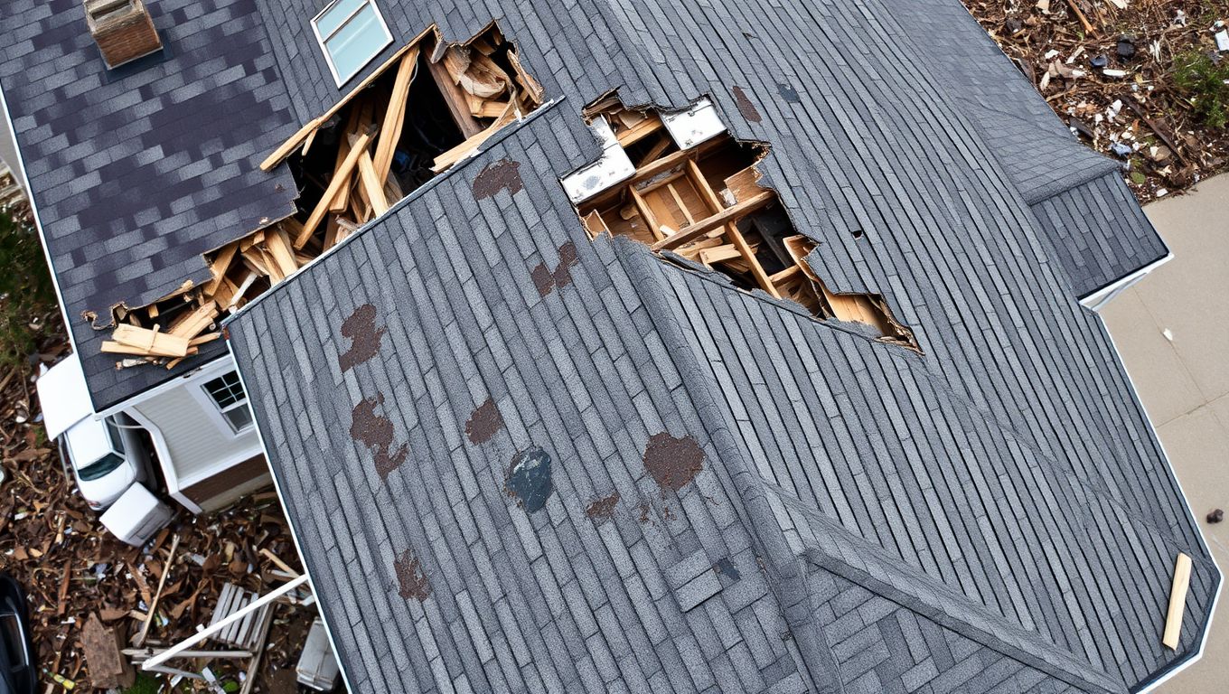 House with a damaged roof after a storm.