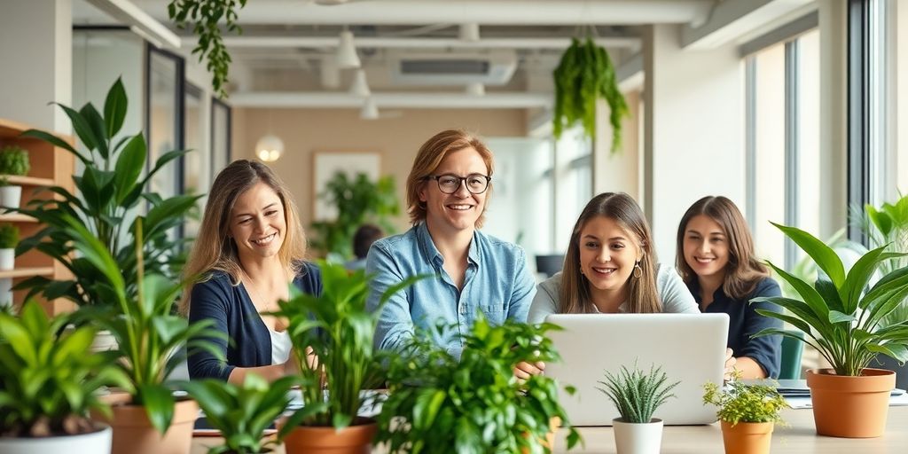 Büro mit Mitarbeitern, die an grünen Initiativen arbeiten.