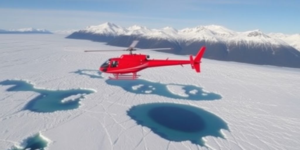A red helicopter flies low over the vast Knik Glacier.