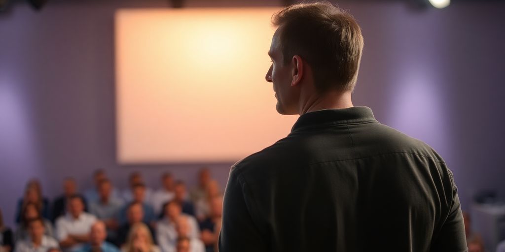 Person confidently speaking to an audience.