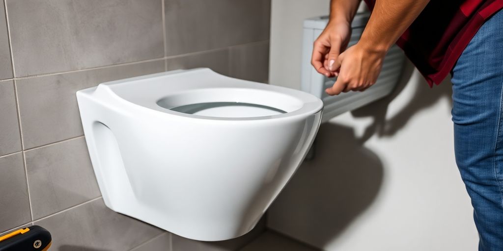 Wall hung toilet being installed in a modern bathroom.