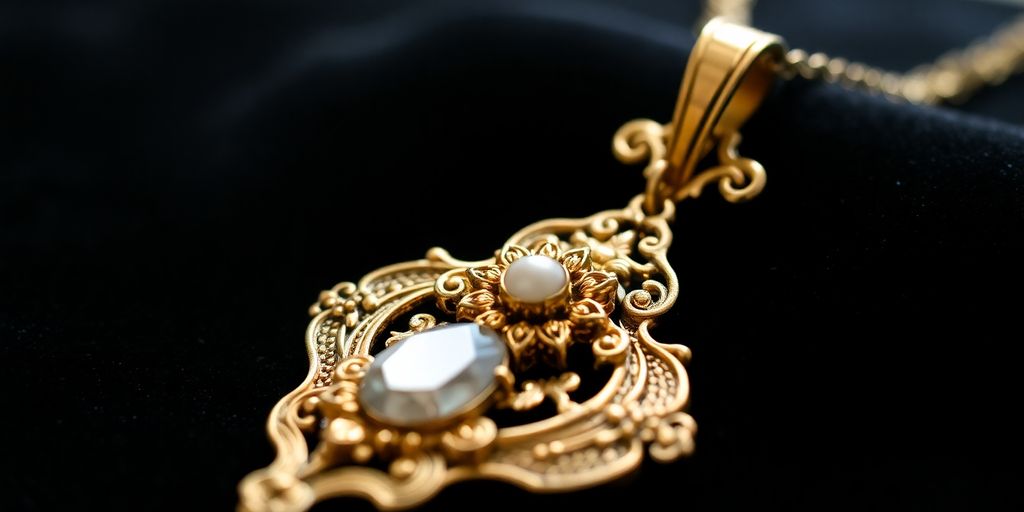 Pendentif en or hérité sur fond sombre.