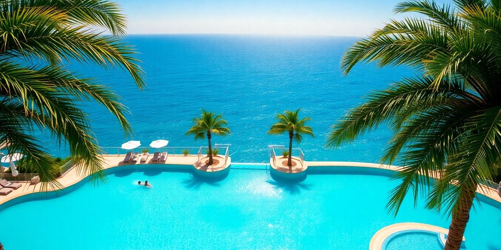 Luxury resort pool, ocean view, palm trees