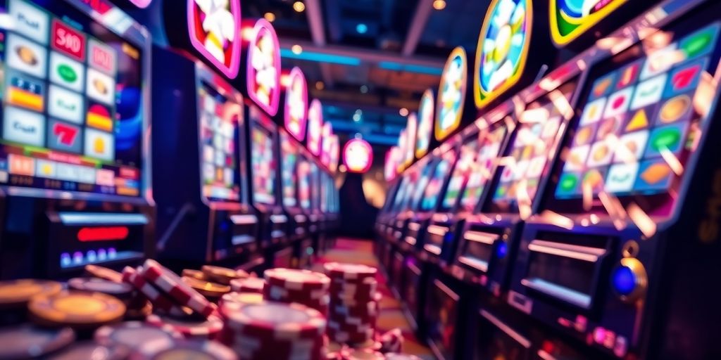 Slot machine reels spinning with chips and coins.