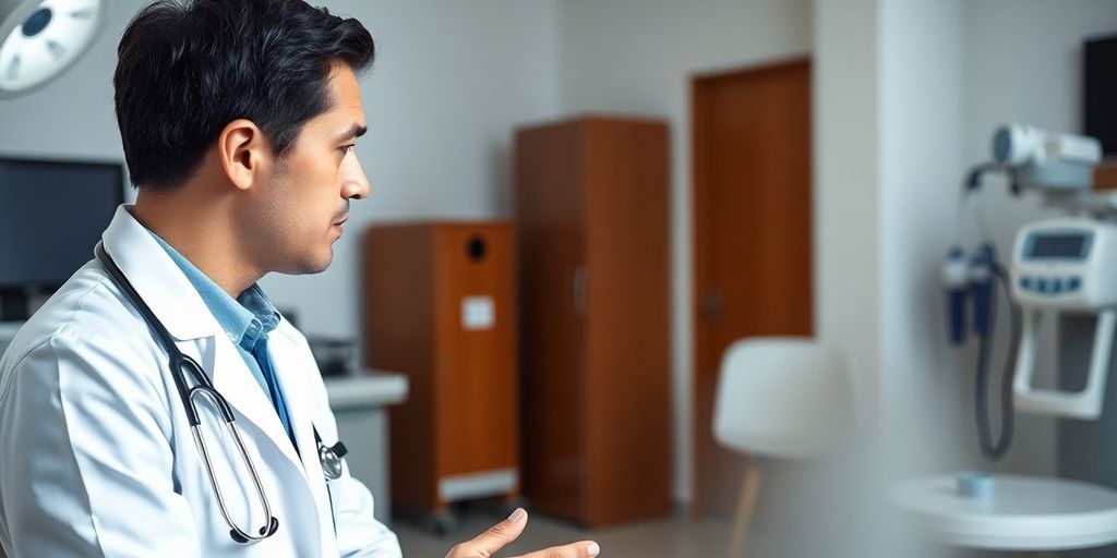 Patient und Arzt in einer hellen Arztpraxis.