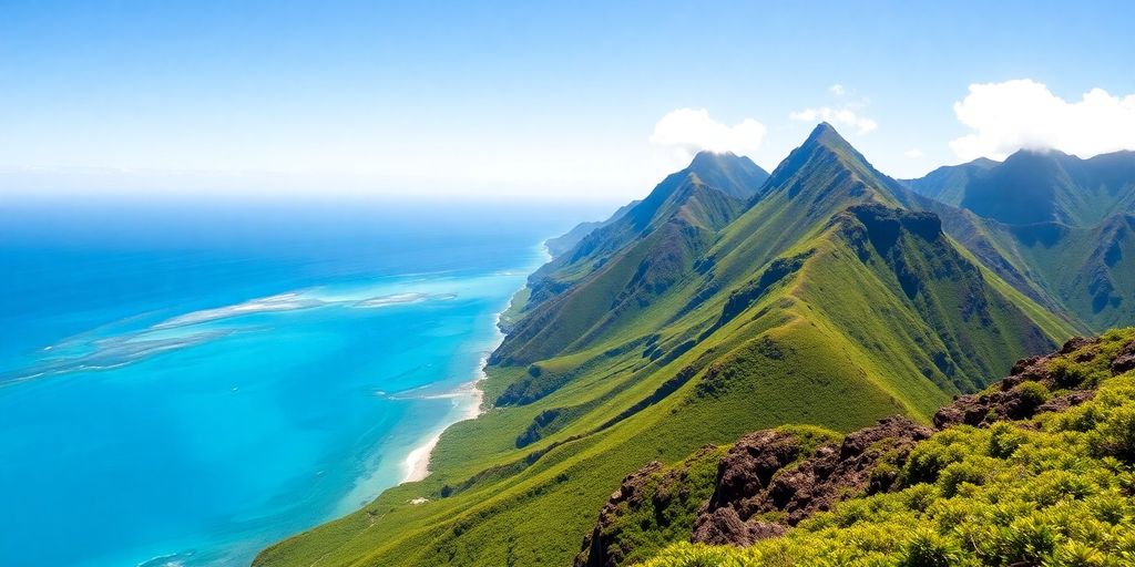 Lush green mountains meeting turquoise ocean waters.