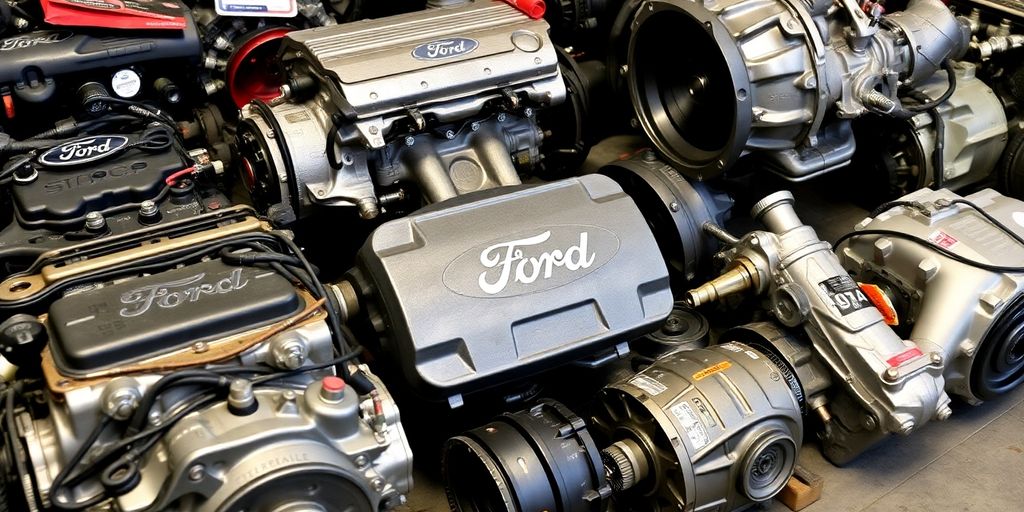 Ford car parts laid out neatly.