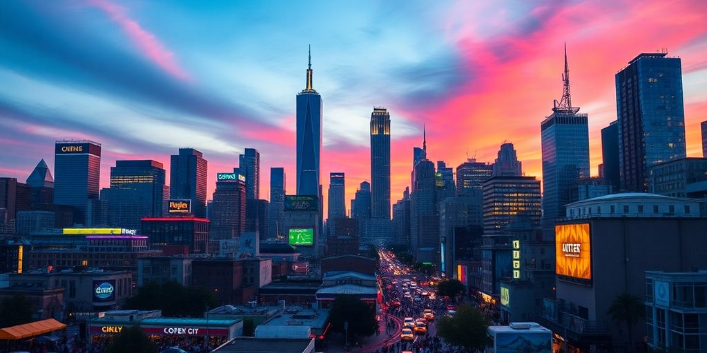 Dusk city skyline with skyscrapers and urban activity.